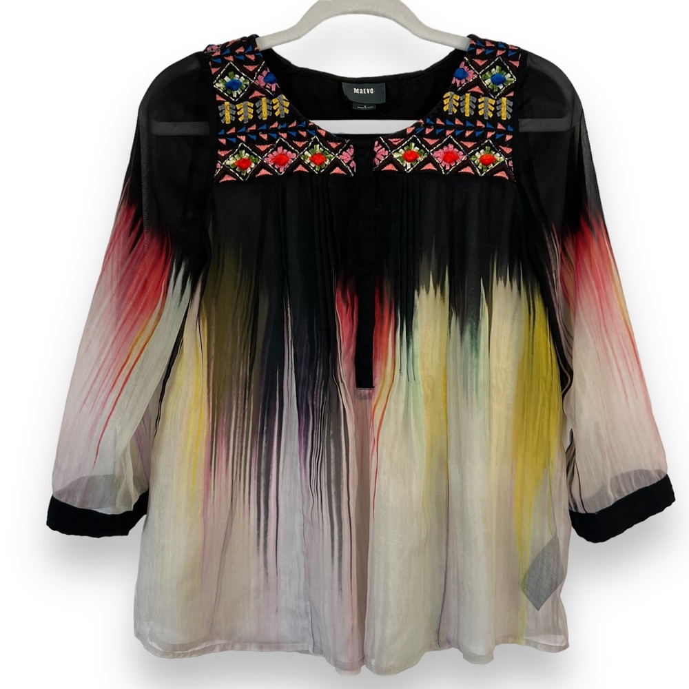 Anthropologie Maeve Splashed Embroidered Peasant Top, Size 0